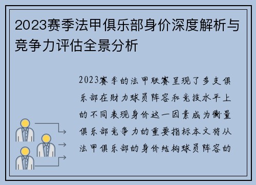 2023赛季法甲俱乐部身价深度解析与竞争力评估全景分析