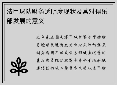 法甲球队财务透明度现状及其对俱乐部发展的意义