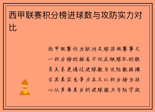 西甲联赛积分榜进球数与攻防实力对比
